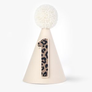 Pale Cream Neutral Party Hat with Leopard Print Age 1 for First Birthday
