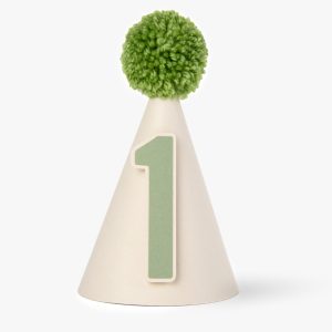 Neutral Almond Pale Cream and Moss Green Party Hat with Number One Age Detail for Girls and Boys Childrens First Birthday Outfit