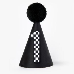 Custom Black and White Monochrome Checkerboard Print Party Hat for Racing Car Flag Theme First Birthday