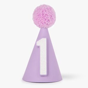 Lilac 1st Party Hat with White Pearlescent Pearl Glitter Number One of ForBaby Girls 1st Birthday